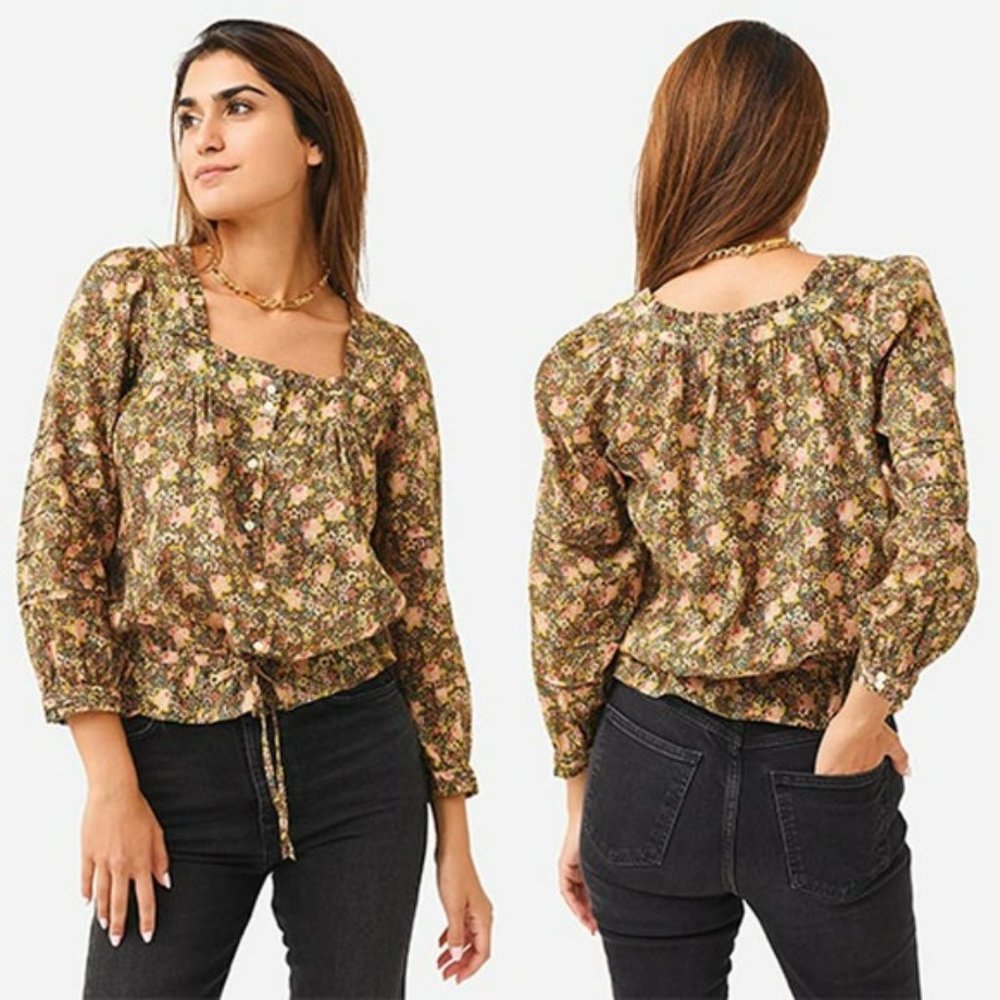 Birds of Paradis Trovata Floral Tie Waist Square Neck Blouse Women's Size: L NWT